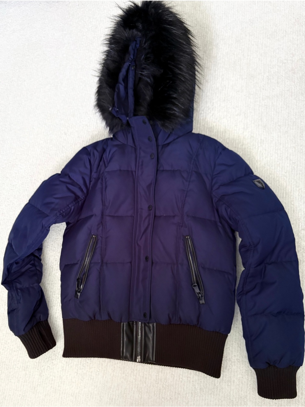 Women’s Vince Camuto Navy Quilted Puffer Jacket with Faux Fur Trim